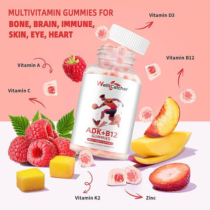 Sugar Free Vitamin ADK+B12 Gummies with Vitamin D3 K2 B12 K2 (MK-7) Chewable Vegan Multivitamin Supplement for Men Women Bone Brain Immune Skin Eye Heart 60 Counts Raspberry Flavored 1 Pack
