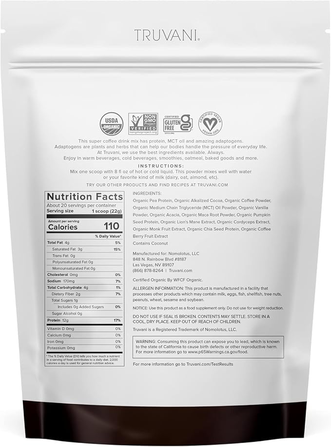 Truvani Protein + Energy Drink Mix with 87mg Caffeine | Chocolate Mocha | 12g Organic Plant Based Protein | 20 Servings | USDA Organic Coffee Powder & Adaptogens | Gluten & Dairy Free | Vegan