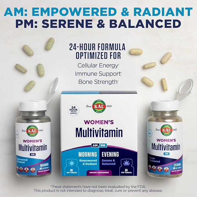 KAL Women's Multivitamin AM/PM, 2-in-1 Multivitamins for Women with Ashwagandha, Silica, Organic Spirulina, and GABA for Cellular Energy, Bone Strength, Immune Support, Vegan, 30 Servings, 120 Tablets
