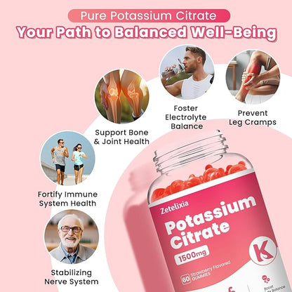 Potassium Gummies for Adults & Women, 1500mg Potassium Citrate Supplement, Support Leg Cramps, Muscle Health & Electrolyte Balance, Sugar Free, Organic, Vegan, Strawberry, 60 Cts
