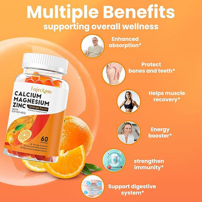 Calcium Magnesium Zinc Gummies for Adult: Organic 1000mg Calcium Citrate Magnesium Supplement with D3 B12 - Sugar Free High Absorption Supplement for Women Men (60 Count(Pack of 2))