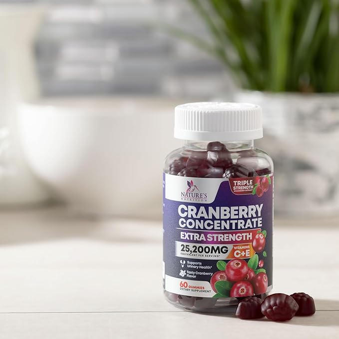 Cranberry Gummies - Urinary Tract Health Gummy + Vitamin C - 25,000mg - Triple Strength Cranberry Concentrate Extract Supplement Pills, Ultimate Potency, Non-GMO, Gluten Free - 60 Gummies