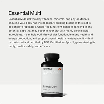 Momentous Essential Multivitamin for Women and Men - Complete Vitamin and Mineral Complex for Athletes & Wellness Enthusiasts - GMO-Free, Gluten Free, 30 Servings