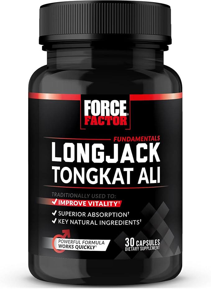 FORCE FACTOR Longjack Tongkat Ali 500mg for Men’s Hormones, Promote Male Energy, Vitality & Drive, Support Muscle & Strength, Longjack Capsules with BioPerine Black Pepper Extract, 30 Capsules