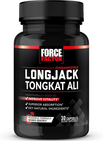 FORCE FACTOR Longjack Tongkat Ali 500mg for Men’s Hormones, Promote Male Energy, Vitality & Drive, Support Muscle & Strength, Longjack Capsules with BioPerine Black Pepper Extract, 30 Capsules