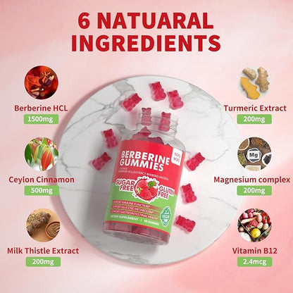 Berberine Gummies with Ceylon Cinnamon 1500mg High Potency Berberine HCL Supplement for Immune and Metabolism Support, Sugar Free Organic Berberine Gummies Raspberry Flavor.