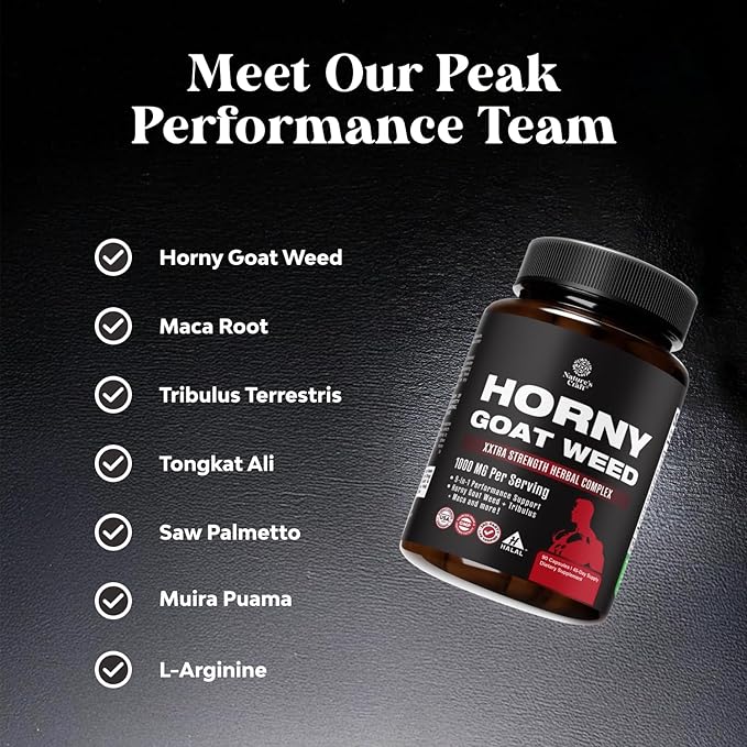 Horny Goat Weed for Male Enhancement - Extra Strength Horny Goat Weed for Men 1000mg per serving Complex with Tongkat Ali Saw Palmetto Extract Panax Ginseng and Black Maca Root for Stamina & Energy