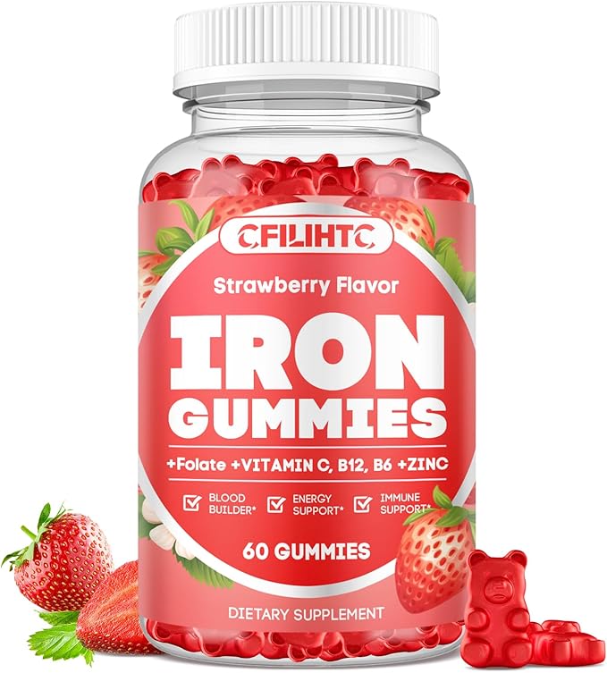 Iron Gummies for Women & Men - Iron Supplement with Vitamin B6, B12, C, Zinc, Folate for Adults & Kids - Support Iron Deficiency, Anemia, Energy Boost, Blood Builder - Sugar Free Vegan 60ct Strawberry