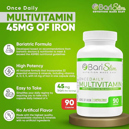 BariSlim Once Daily Bariatric Multivitamin Capsule - 45mg of Iron - Bariatric Vitamin & Supplement for Post Bariatric Surgery Including Gastric Bypass & Gastric Sleeve | 90 Day Supply