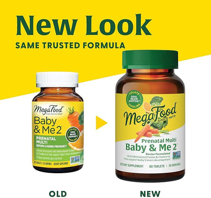 MegaFood Baby & Me 2 Prenatal Vitamin and Minerals - Vitamins for Women - with Folate (Folic Acid Natural Form), Choline, Iron, Iodine, and Vitamin C, Vitamin D and more - 120 Tabs (60 Servings)