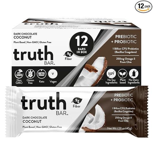 Truth Bar Prebiotic & Probiotic Keto Snack Vegan Bars with Omega-3's - Synbiotic High Fiber Snacks - Low Sugar, Kosher, Gluten Free - Dark Chocolate Coconut (Pack of 12)