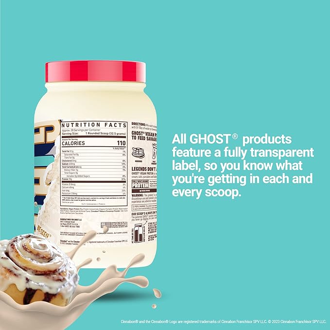 GHOST Vegan Protein Powder, Cinnabon - 2lb, 20g of Protein - Plant-Based Pea & Organic Pumpkin Protein - ­Post Workout & Nutrition Shakes, Smoothies, & Baking - Soy & Gluten-Free