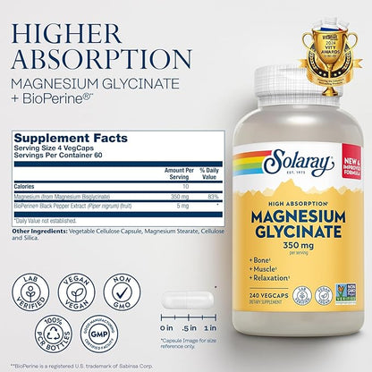 Solaray Magnesium Glycinate, New & Improved Fully Chelated Bisglycinate with BioPerine, High Absorption Formula, Stress, Bones, Muscle & Relaxation Support, 60 Day Guarantee, 60 Servings, 240 VegCaps