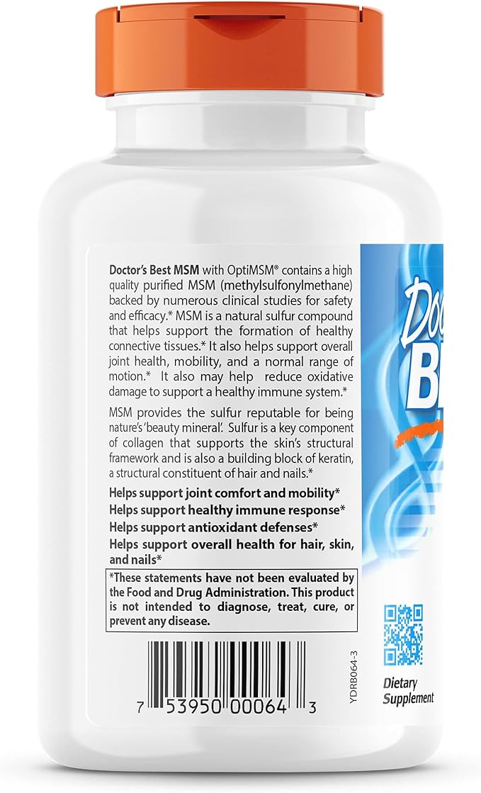 Doctor's Best MSM with OptiMSM, Joint Support, Immune System, Antioxidant and Protein-Building Role, Non-GMO, Gluten Free, 1000 mg, 180 Caps