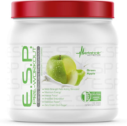 Metabolic Nutrition - ESP - Stimulating Pre Workout, Pre Intra Workout Supplement, Energy and Endurance Stimulating, Natural & Safe, High Energy, Mental Focus, Green Apple, 300 Grams (90 Servings)