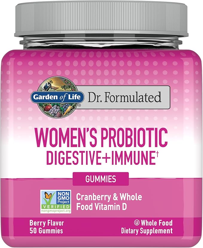 Garden of Life Dr. Formulated Women's Probiotic Digest + Immune Gummies Featuring Cranberry & Whole Food Vitamin D - Berry Flavor, 50 Gummies, Certified Non-GMO, Kosher