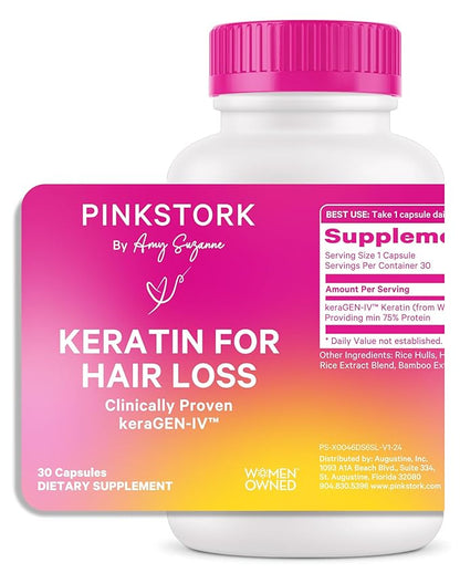 Pink Stork Keratin Hair Loss Supplement for Women - Clinically Studied KeraGEN-IV for Hair Care, Thinning, Shedding and Beauty - Hair Skin and Nails Support - Postpartum Hair Growth - 30 Capsules