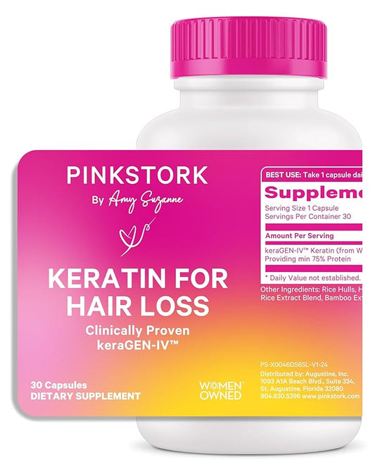 Pink Stork Keratin Hair Loss Supplement for Women - Clinically Studied KeraGEN-IV for Hair Care, Thinning, Shedding and Beauty - Hair Skin and Nails Support - Postpartum Hair Growth - 30 Capsules