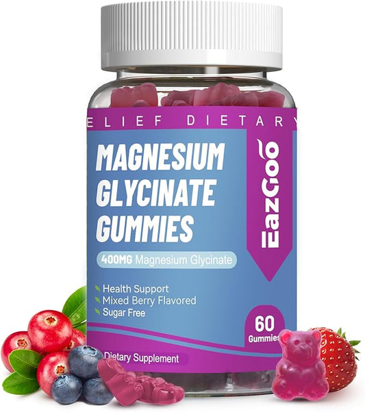 Magnesium Glycinate Gummies 400mg with L-Threonate 200mg - Sugar-Free Magnesium Potassium Supplement with Vitamin D, B6, CoQ10 for Muscle - 60 Mixed Berry Flavored Gummies