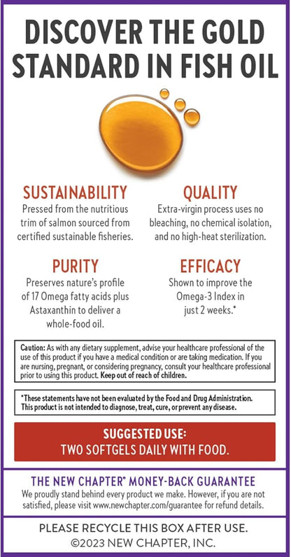 New Chapter Wholemega Fish Oil Supplement - Wild Alaskan Salmon Oil with Omega-3 + Vitamin D3 + Astaxanthin + Sustainably Caught - 60 ct, 1000mg Softgels