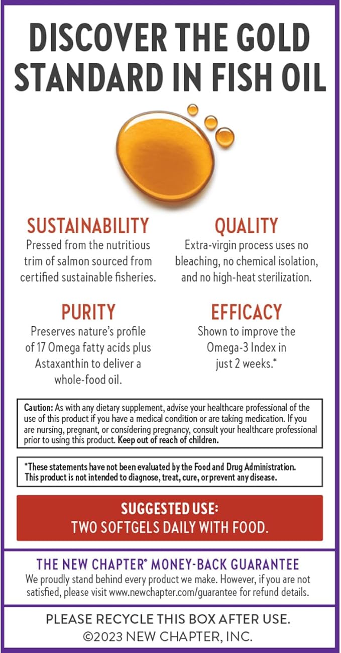 New Chapter Wholemega Fish Oil Supplement - Wild Alaskan Salmon Oil with Omega-3 + Vitamin D3 + Astaxanthin + Sustainably Caught - 60 ct, 1000mg Softgels
