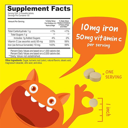 Kids Iron 10mg with Vitamin C 50mg Chewable Tablets - Tasty Natural Flavored - Vegan, Vegetarian, GMO-Free, Nut Free - Dietary Iron Supplement - Blood Formation for Children - 120 Chewables