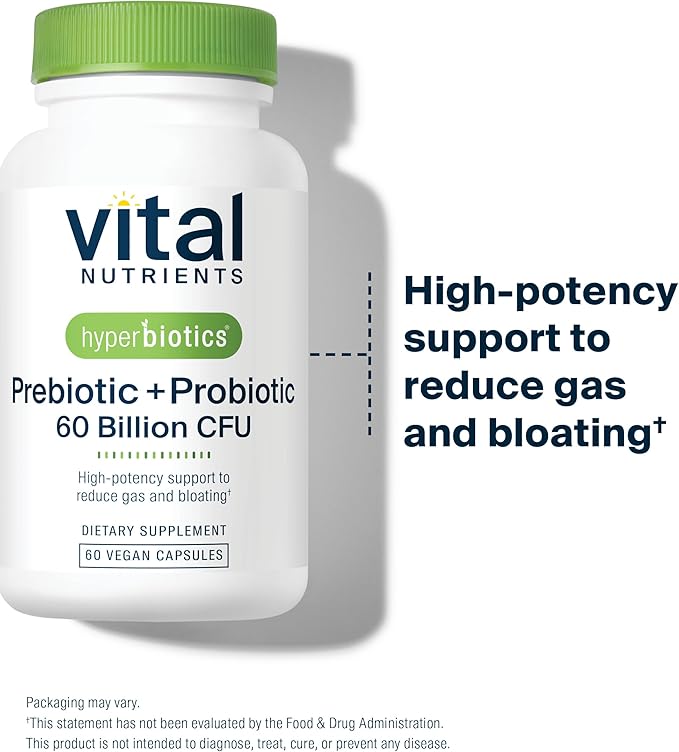 Hyperbiotics Vital Nutrients Prebiotic + Probiotic 60 Billion CFU (Prev. Pre+Pro 60B) | High-Potency Immune & Upper Respiratory Probiotic | Reduce Gas & Bloating | Shelf-Stable | Vegan | 30 Capsules