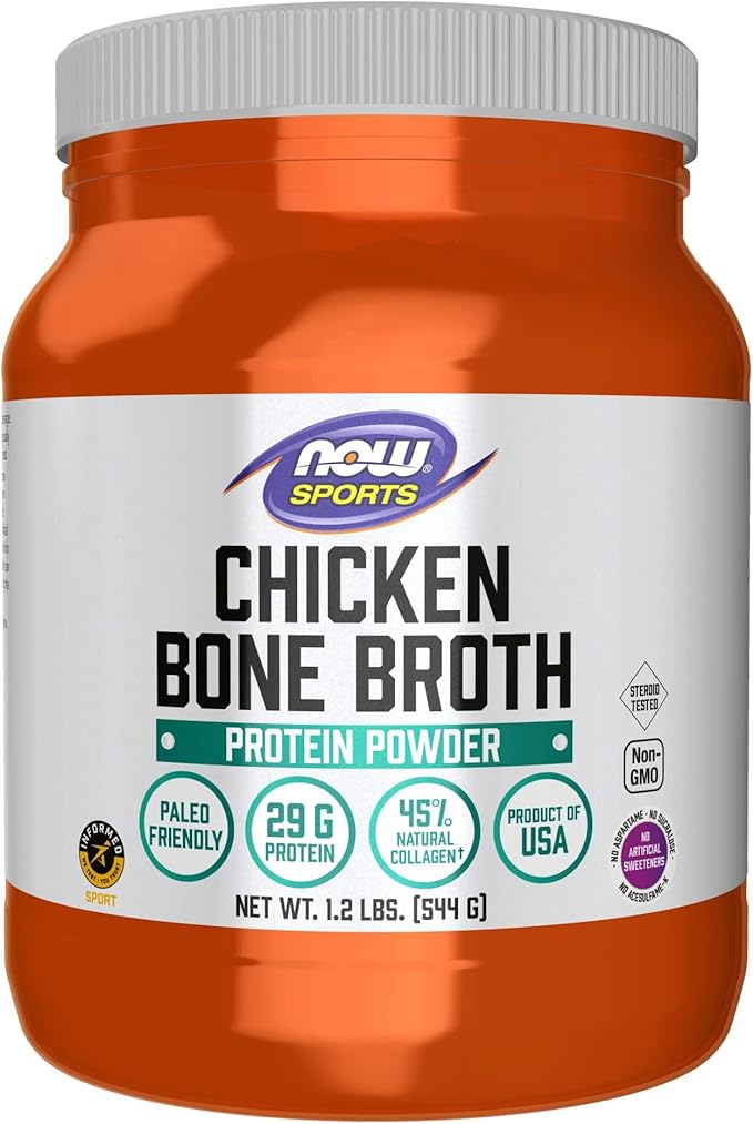 NOW Foods Sports Nutrition, Chicken Bone Broth Powder made with Premium-Quality Chicken Bone Extract, 1.2-Pound