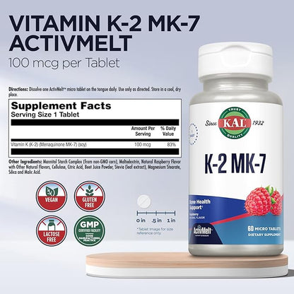 KAL Vitamin K2 MK7 ActivMelt 100 mcg, Vitamin K Supplement as Superior K2 MK7, Bone Health, Heart and Artery Health Support, Natural Raspberry Flavor, Vegan, Gluten Free, 60 Servings, 60 Micro Tablets