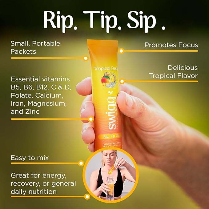 Swigg Electrolytes Powder Packets - No Sugar Multivitamin Hydration Powder, Sugar Free Electrolyte Drink Mix with Vitamin B12, B5, B6, C, D and Folate, Multi Vitamin Water, Tropical Fusion - 30 Sticks