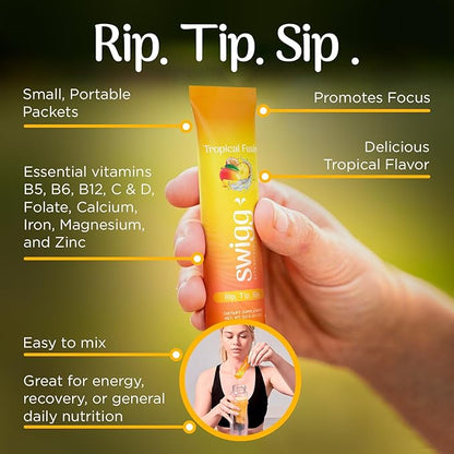 Swigg Electrolytes Powder Packets - No Sugar Multivitamin Hydration Powder, Sugar Free Electrolyte Drink Mix with Vitamin B12, B5, B6, C, D and Folate, Multi Vitamin Water, Tropical Fusion - 30 Sticks