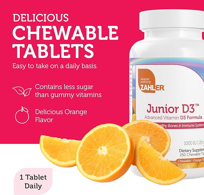 Zahler Junior D3 Vitamins 1000 IU - Chewable Vitamin D3 for Kids - Vitamin D for Kids to Support Bone, Teeth & Immune Health - Kosher Kids Vitamin D3 Orange Flavor - D3 Vitamins for Kids 250 Count.