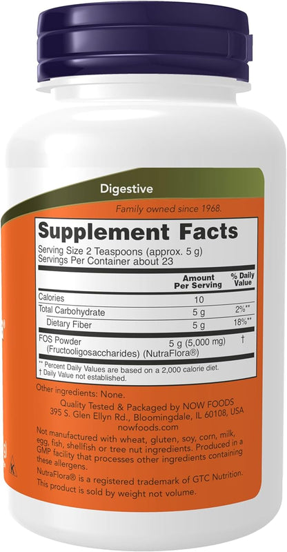 NOW Foods Supplements, NutraFlora FOS (Fructooligosaccharides) Pure Powder, Prebiotic Fiber, 4-Ounce