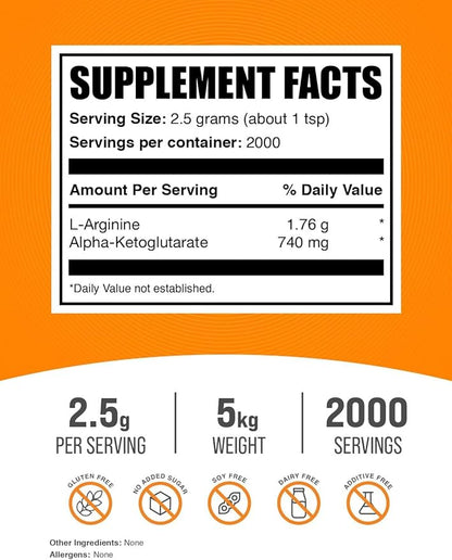 BulkSupplements.com AAKG Powder - Arginine Alpha-Ketoglutarate, AKG Supplement - Arginine Supplement, Unflavored & Gluten Free, 2500mg per Serving, 5kg (11 lbs) (Pack of 5)
