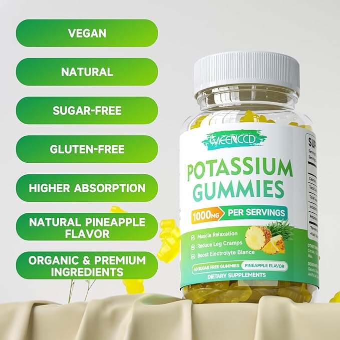 Potassium Citrate Gummies 1000mg, High Potency Potassium Supplement Gummies for Adults Women & Men, Potassium Gummies Support Leg Cramps & Muscle Health, Sugar-Free, Pineapple Flavor, 60 Count