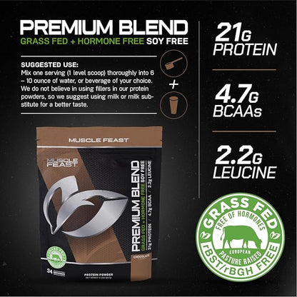 Muscle Feast Premium Blend All Natural Hormone Free Grass-Fed Whey Protein Powder, Chocolate, 2lb