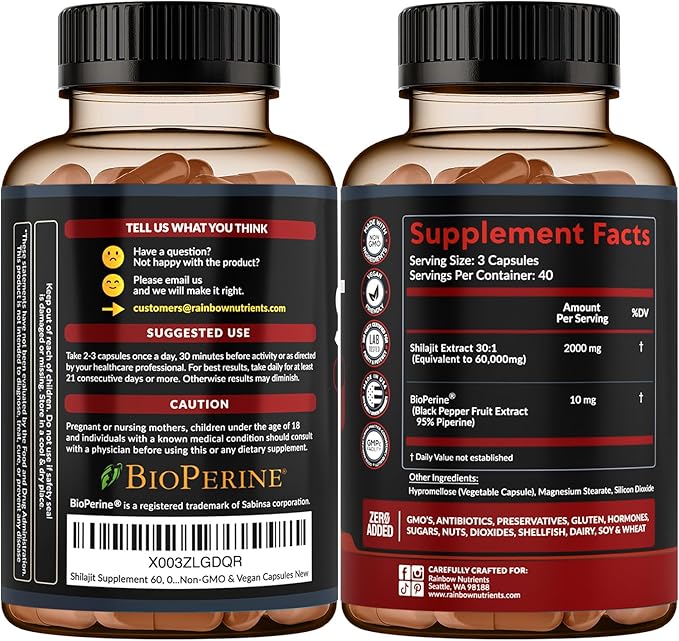 Pure Himalayan Shilajit Capsules Supplement (60,000mg+ Absorption Enhancer+50% Fulvic Acid) Natural 30:1 Shilajit with 85+ Trace Minerals for Energy, Performance, Immune Support| Non GMO| 120 Pills