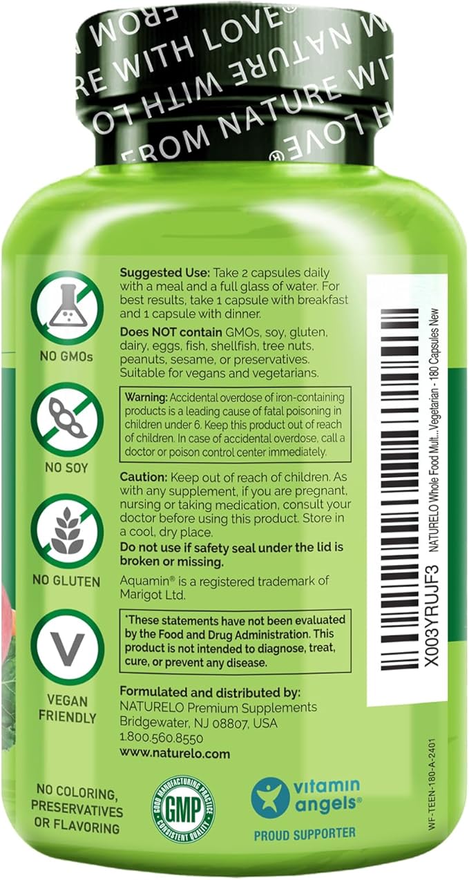 NATURELO Whole Food Multivitamin for Teens - Vitamins and Minerals for Teenage Boys and Girls - Supplement for Active Kids - with Organic Whole Foods - Non-GMO - Vegan & Vegetarian - 180 Capsules