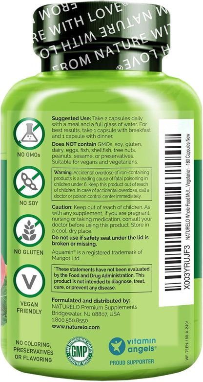 NATURELO Whole Food Multivitamin for Teens - Vitamins and Minerals for Teenage Boys and Girls - Supplement for Active Kids - with Organic Whole Foods - Non-GMO - Vegan & Vegetarian - 180 Capsules
