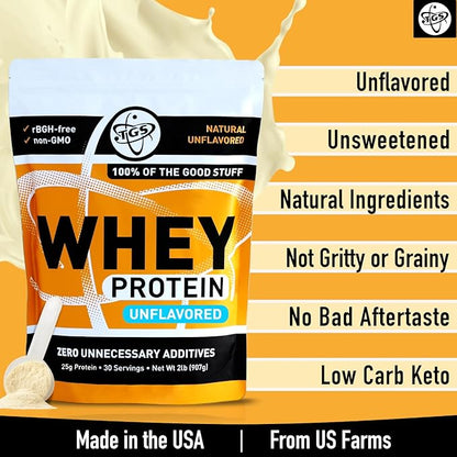Whey Protein Powder Unflavored, Unsweetened, Keto Friendly - 2lb - Low Carb, Low Calorie, No Soy, Made in USA