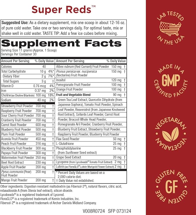 Purity Products Super Reds Powder Phytonutrient Superfood Drink Mix w/FloraGLO Lutein - Phytonutrient Blend containing Polyphenols, Antioxidants & More - 330 Grams - 30 Day Supply