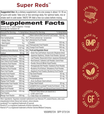 Purity Products Super Reds Powder Phytonutrient Superfood Drink Mix w/FloraGLO Lutein - Phytonutrient Blend containing Polyphenols, Antioxidants & More - 330 Grams - 30 Day Supply