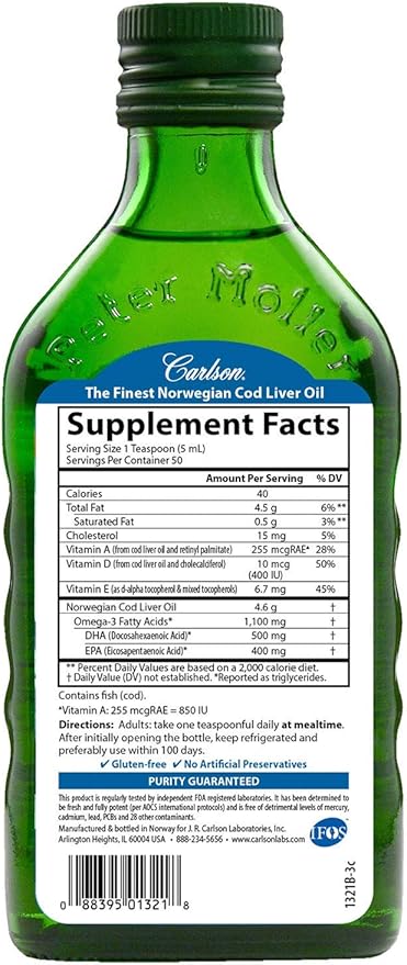 Carlson - Cod Liver Oil, 1100 mg Omega-3s, Plus Vitamins A and D3, Wild Caught Norwegian Arctic Cod Liver Oil, Sustainably Sourced Nordic Fish Oil Liquid, Unflavored, 250 mL (8.4 Fl Oz)