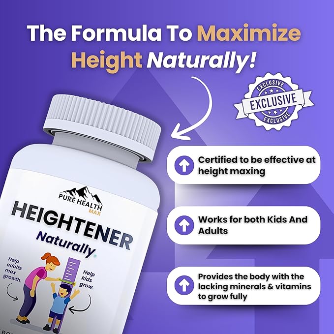 Heightener - Natural Height Growth Supplement for Kids, Teens and Adults to Increase Bone Strength and Grow Taller | Height Maximizer Pills with L-Arginine, Calcium & Zinc | 60 Capsules
