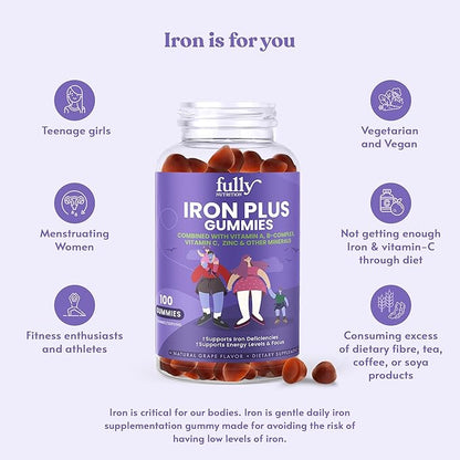 Iron Gummies Supplements for Adults (Women, Men) and Kids – Grape Flavor- Supports Anemia, Energy and Focus Levels – 200 Count