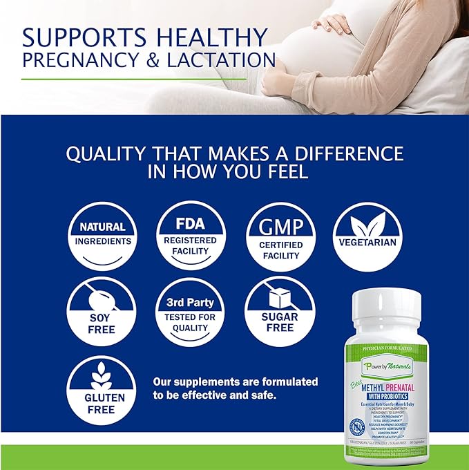 Power By Naturals Prenatal Probiotic Blend Vitamins w/Methylfolate, B12, Iron, Ginger & 27+ Essential Nutrients for Healthy Pregnancy, Prenatal Probiotics for Women, Pregnancy Probiotic, 60 Capsules
