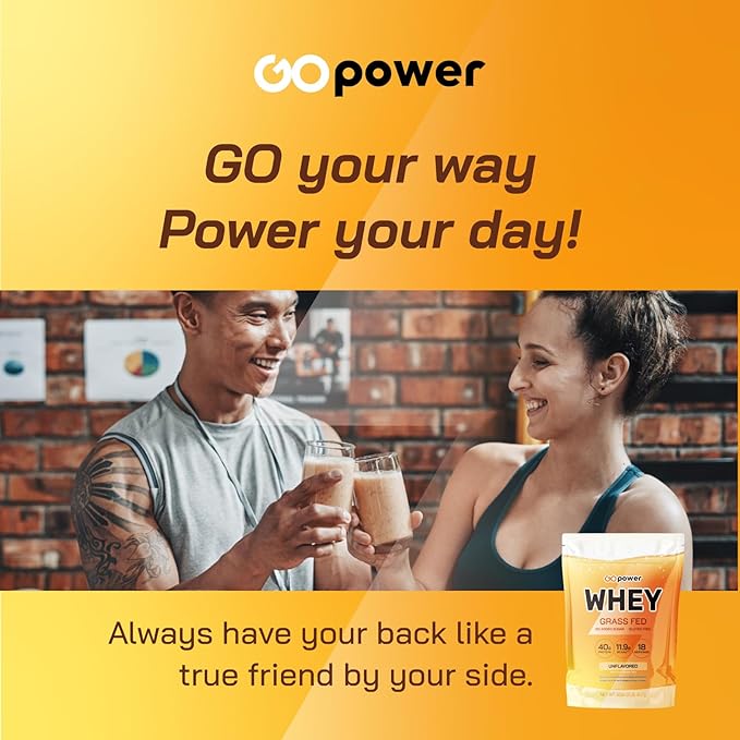 GOPOWER Whey Protein Powder, with BCAAs, Grass Fed Protein Powder, 2 Pound, 18 Servings