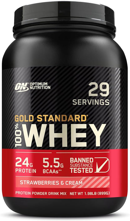 Optimum Nutrition Gold Standard 100% Whey Protein Powder, Strawberries & Cream, 2 Pound(Packaging May Vary)