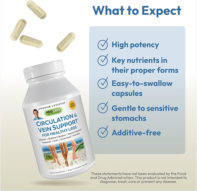 ANDREW LESSMAN Circulation & Vein Support for Healthy Legs 30 Capsules - High Bioactivity Diosmin, Butcher's Broom, Visibly Reduces Swelling & Discomfort in Feet, Ankles, Calves, Legs