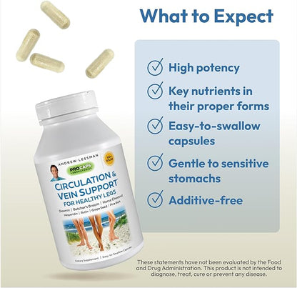 ANDREW LESSMAN Circulation & Vein Support for Healthy Legs 60 Capsules - High Bioactivity Diosmin, Butcher's Broom, Visibly Reduces Swelling & Discomfort in Feet, Ankles, Calves, Legs